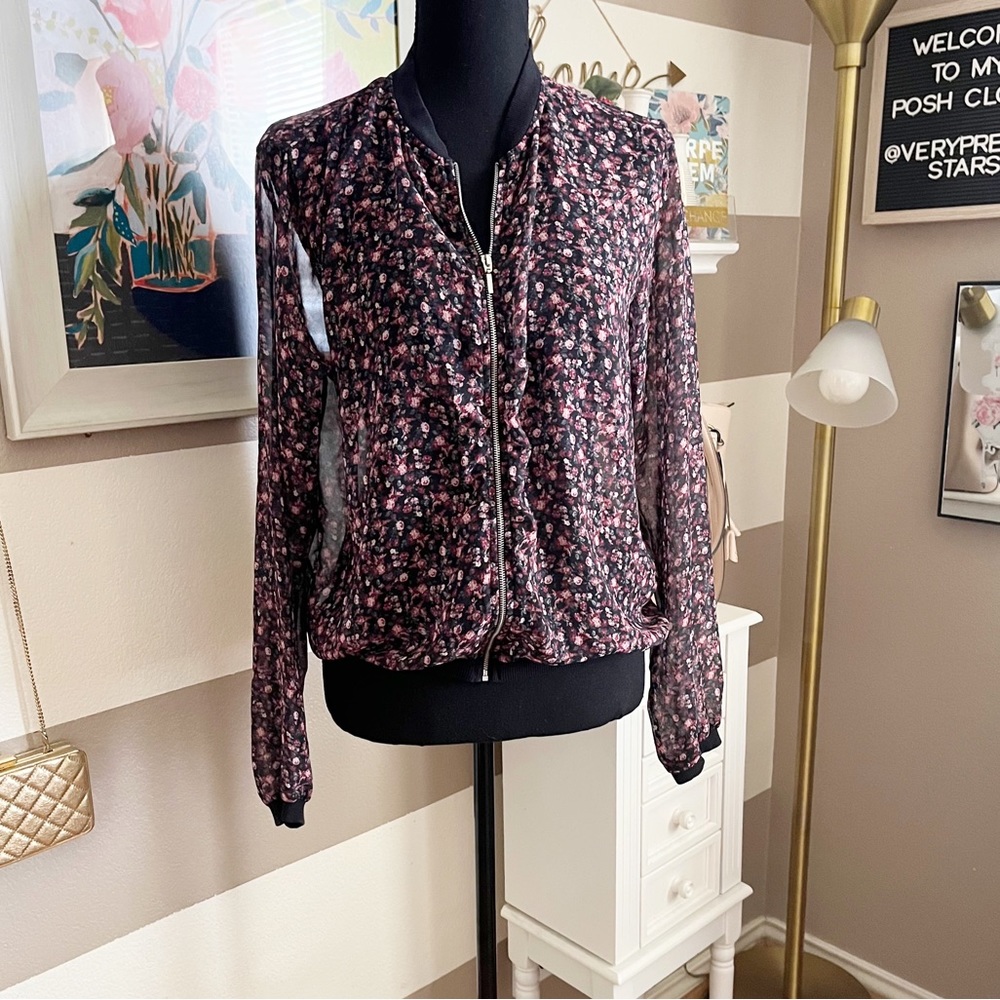 Floral long sleeve zip up sheer cardigan size large